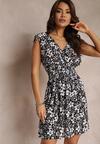Rochie neagră mini cu imprimeu floral elastic în talie și elastic la umeri Tanta