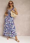 Fioletowo-Niebieska Kopertowa Sukienka Maxi w Kwiaty z Gumką w Pasie z Wiskozy Marielys