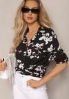 Camasa neagra kimono din bumbac si viscoza cu model floral Carlania