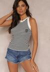 Biało-Czarny Top z Wiskozy w Paski z Ozdobną Broszką Dinette