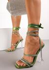 Zielone Sandały na Transparentnej Szpilce z Kwadratowym Noskiem i Paskami w Cyrkonie Couria