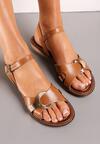 Brązowe Sandały Rzymianki ze Skóry Naturalnej i Metalicznym Zdobieniem Harlotta