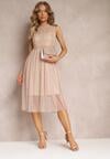 Rochie de Cocktail Midi Bej Deschis cu Dantelă în Partea de Sus și Tul în Partea de Jos Nebulia
