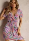 Rochie mini roz cu flori Pellianne cu elastic lat in talie