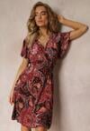 Rochie Mini Roșu-Negru cu Decolteu Încrucișat și Elastic în Talie cu Imprimeu Floral Caladin