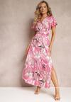 Różowa Rozkloszowana Sukienka Maxi z Gumką w Talii i Materiałowym Paskiem Tivia