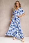 Niebieska Rozkloszowana Sukienka Maxi w Kwiaty z Wiskozy Manishie