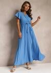 Rochie Maxi de Cocktail Albastră cu Pliuri Decolteu Triunghiular și Fundă în Talie Phoelia
