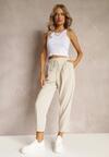 Pantaloni bej Arlettia cu Talie Înaltă Elastic și Șnur în Talie cu Buzunare