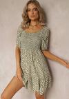Rochie mini verde cloș cu buline din viscoză cu volan Aulian