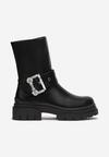 Botine negre plate cu talpă groasă cu zirconii și cataramă cu fermoar Sybille