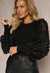 Pulover negru cambrat cu mâneci bufante decorate Theoris