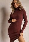 Rochie midi maro din tricot tip pulover cu guler la baza gâtului și șnururi Antonime