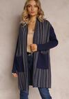 Bleumarin Cardigan Fara Închidere Decorat Cu Fir Metalic Cu Buzunare Marieto