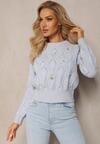 Bleumarin Pulover Clasic Cu Maneca Lunga si Flori Brodate Hadriela