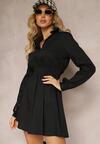 Rochie Neagră Cloș Mini din Bumbac cu Guler Decorată cu Elastic în Talie Mevinne