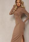 Brązowa Sukienka Midi z Marszczeniem i Rozcięciem Vangia