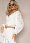 Biała Koronkowa Bluzka o Krótkim Fasonie z Mankietami Skylame