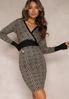 Beżowa Sukienka Mini ze Sweterkowej Dzianiny z Geometrycznym Wzorem Manounetta
