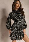 Rochie Neagră Cloș Mini cu Elastic în Talie cu Imprimeu Mushe