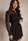 Czarna Mini Sukienka o Koszulowym Fasonie z Materiałowym Paskiem i Siateczką Idanes