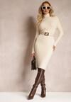 Rochie midi bej din blană de lână stil pulover cu guler Kahinu