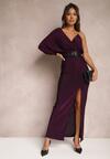 Fioletowa Połyskująca Sukienka Maxi o Asymetrycznym Fasonie z Trójkątnym Dekoltem i Rozcięciem Imisnna