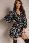Rochie Neagră Mini cu Flori cu Volan și Elastic în Talie Siracusa