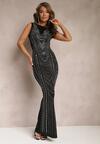 Czarno-Srebrna Taliowana Sukienka Maxi na Ramiączkach w Cekiny Lavarra