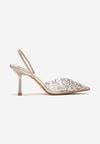 Sandale Aurii cu Vârf Transparent pe Toc Stiletto Decorate cu Perle și Zirconii Halene