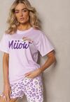 Fioletowy Komplet Piżamowy T-shirt z Nadrukiem i Proste Spodnie w Cętki i Szorty Nirelsa