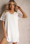 Biała Sukienka Mini o Luźnym Kroju z Bawełny Ozdobiona Koronką Kerilia