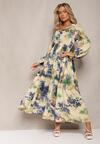 Rochie bej-bleumarin maxi clos imprimeu abstract nasturi Tiritta