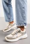 Beżowo-Złote Sznurowane Sneakersy Ozdobione Metaliczną Wstawką Kizria