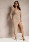 Rochie Bej Muladă cu Decolteu pe Abdomen și Pietre Strass Odia