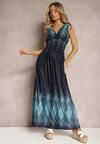 Niebiesko-Granatowa Taliowana Sukienka Maxi z Wzorem Boho i Sznurkami Przy Ramionach z Wiskozy Exna
