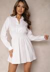 Biała Rozkloszowana Sukienka Mini z Bawełny o Koszulowym Fasonie z Gumką Nefalia