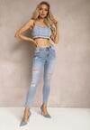 Niebieskie Jeansy Skinny Push Up Ozdobione Dziurami i Przetarciami Jellara