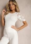 Bluză Albă Clasică din Tricot Elastic cu Dantelă pe Mâneci Lecutte