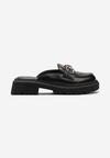 Papuci Negri din Piele Ecologica Tip Mocasini pe Talpa Groasa cu Catarama Metalica Umarisa