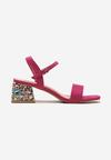 Sandale elegante fucsia din piele ecologica intoarsa cu toc si cristale colorate Sigatre