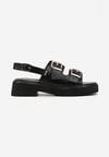 Sandale Negre cu Toc Plat și Catarame Decorative Tragia