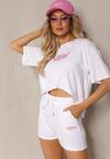 Biały Bawełniany Komplet Letni T-shirt z Szortami Ozdobione Napisami Amaila