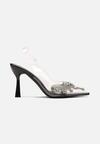 Sandale Negre Transparente cu Toc Stiletto și Pietre Strass și Călcâi Deschis Nadifra