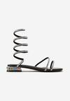 Sandale Negre cu Cristale cu Toc Plat cu Barete Elastice cu Zirconiu Darniafa
