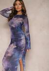 Niebiesko-Fioletowa Siateczkowa Sukienka Bodycon w Marmurkowy Wzór z Rozcięciem na Dole Valerimes