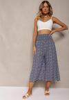 Pantaloni Culottes din Bumbac Bleumarin cu Elastic Lat în Talie și Imprimeu Floral Pellagia