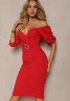Czerwona Dopasowana Sukienka z Kopertowym Dekoltem Paskiem w Talii i Bufiastymi Rękawami Morndia