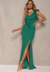 Rochie Verde Elegantă Asimetrică cu Volan și Șliț pe Picior Adnelia