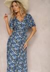 Rochie Viscoză Albastru-Bleumarin cu Nasturi Imprimeu Floral Decolteu Triunghiular Neliafa